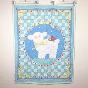 Vintage Quilted Lamb Sheep and Mouse Crib Size Baby Blanket